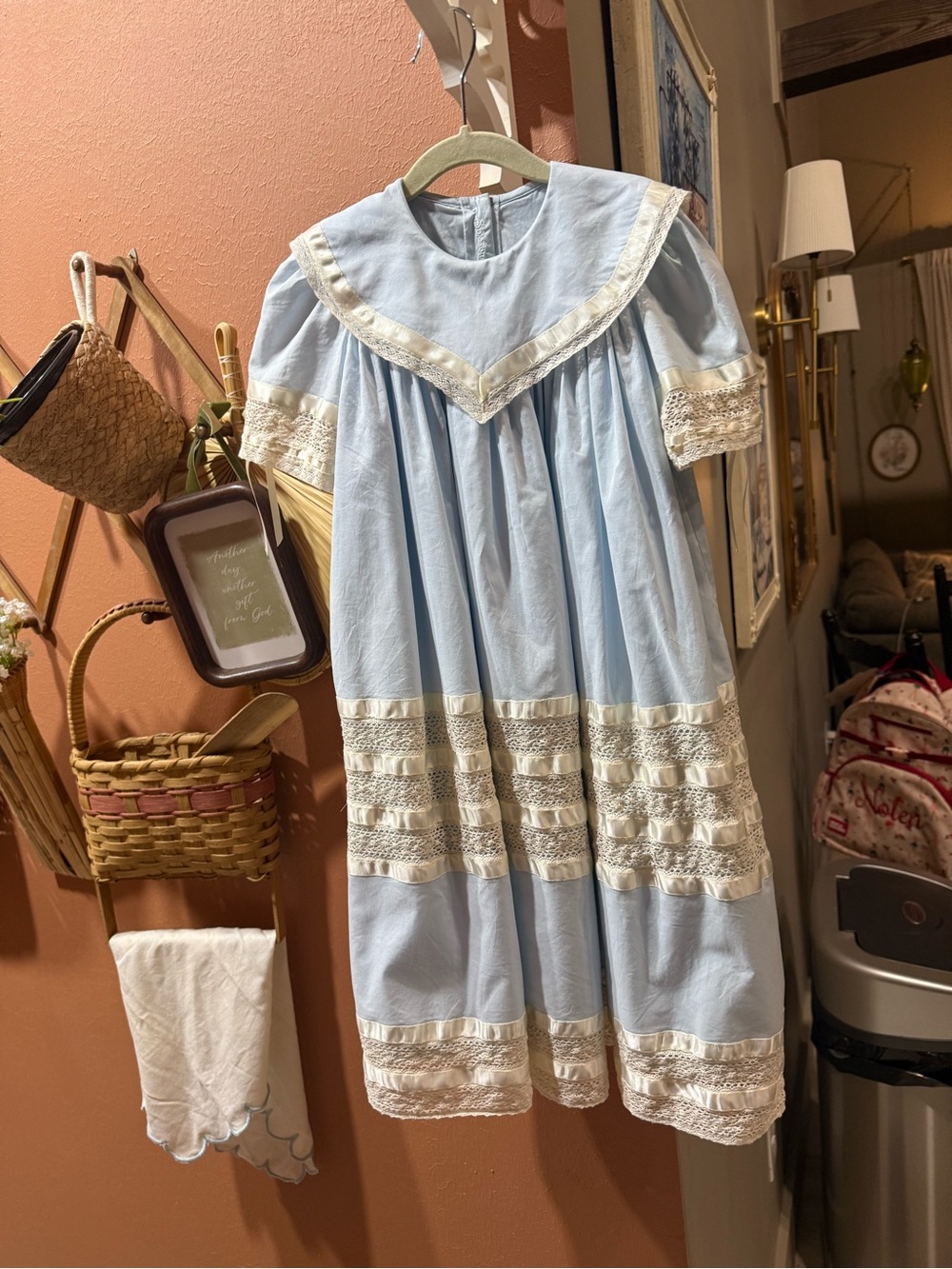 Strasburg Light Blue Dress with Cream Lace Trim
